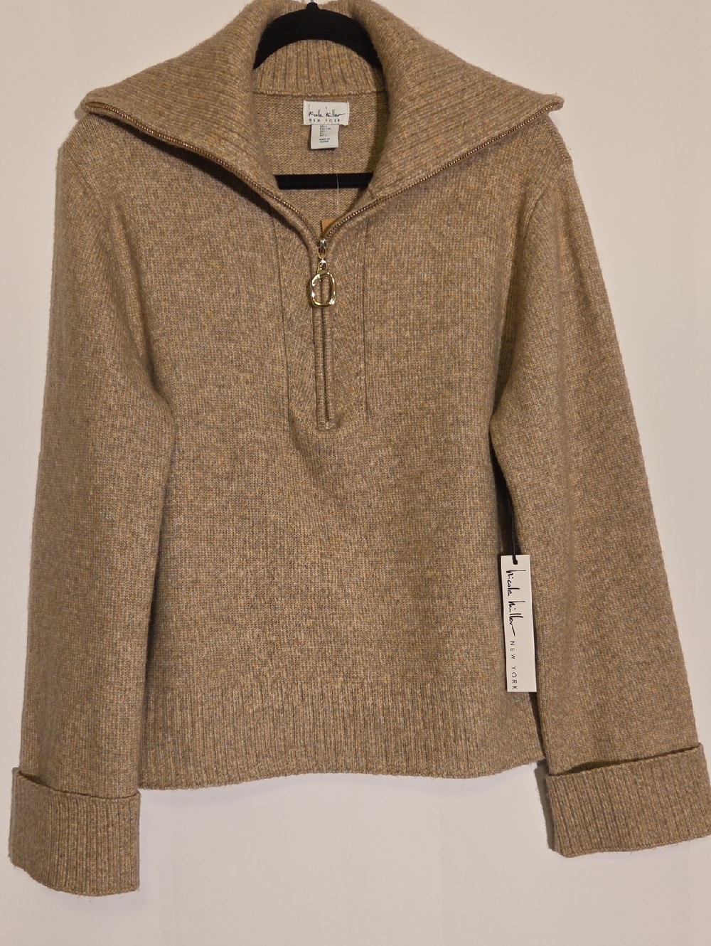 Nicole Miller Camel Ribbed Half-Zip Sweater with Fold-Over Collar